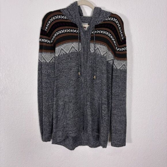 The Alpaca Connection Grey with Aztec Print Hooded Zip Up Sweater Size Large - Picture 1 of 6